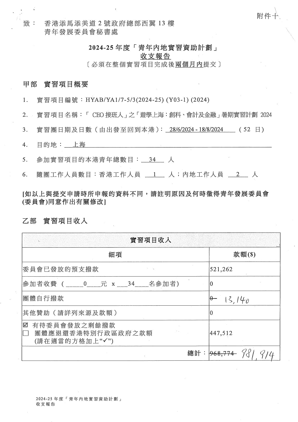 「CEO接班人」之「遊學上海:創科、會計及金融」暑期實習計劃2024 收支報告