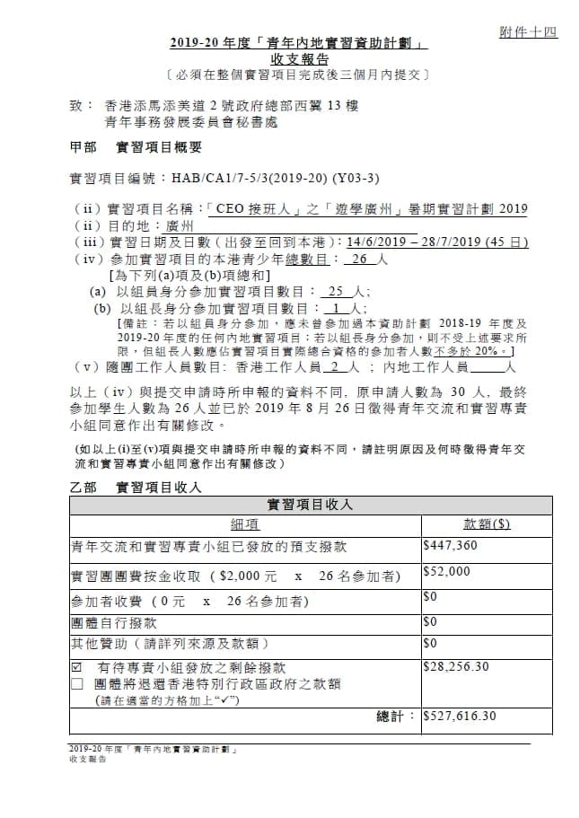 「CEO接班人」之「遊學廣州」暑期實習計劃2019收支報告